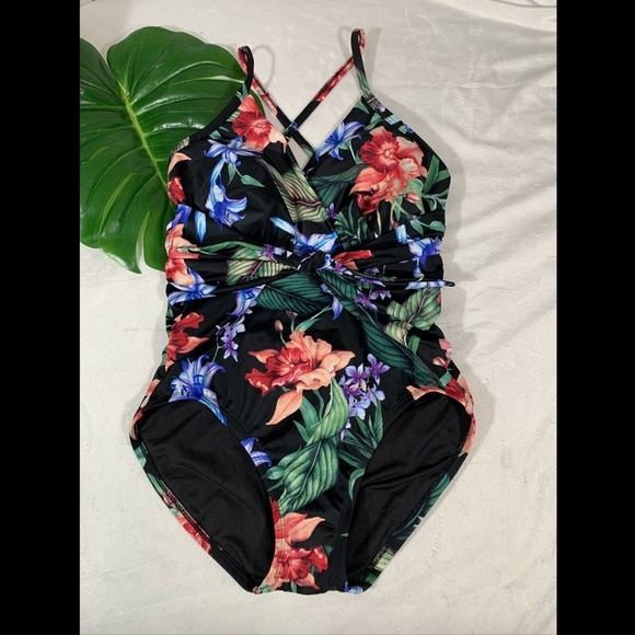 NWT $40 Aqua Green Floral Tropical Wrap One Piece‎ Swimsuit [ SZ Small ] - Picture 2 of 12